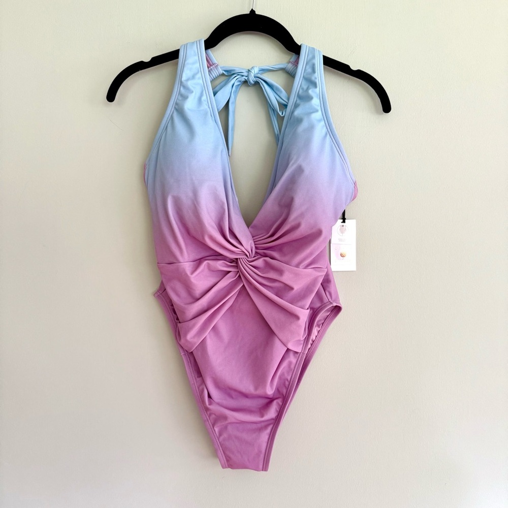 🧜🏻‍♀️SHADE & SHORE Ombré Purple Blue One Piece Halter Cheeky Swimsuit NWT